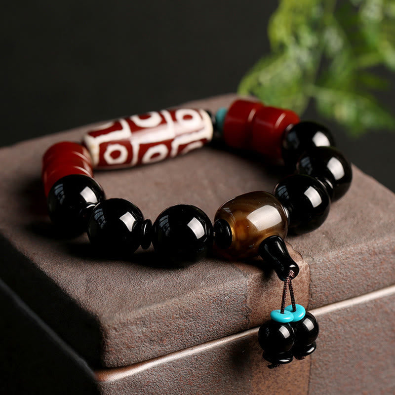 Nine-Eye Dzi Bead & Black Onyx Obsidian Bracelet for Protection