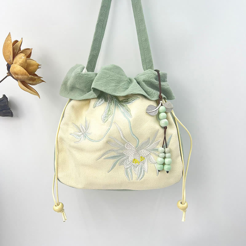 Cotton Linen Tote Bag with Spiritual Lotus Embroidery 20cm