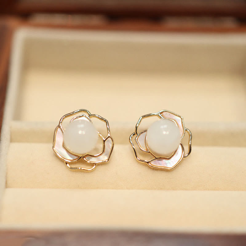 Hetian White Jade Camellia Flower Jewelry Set for Luck & Protection