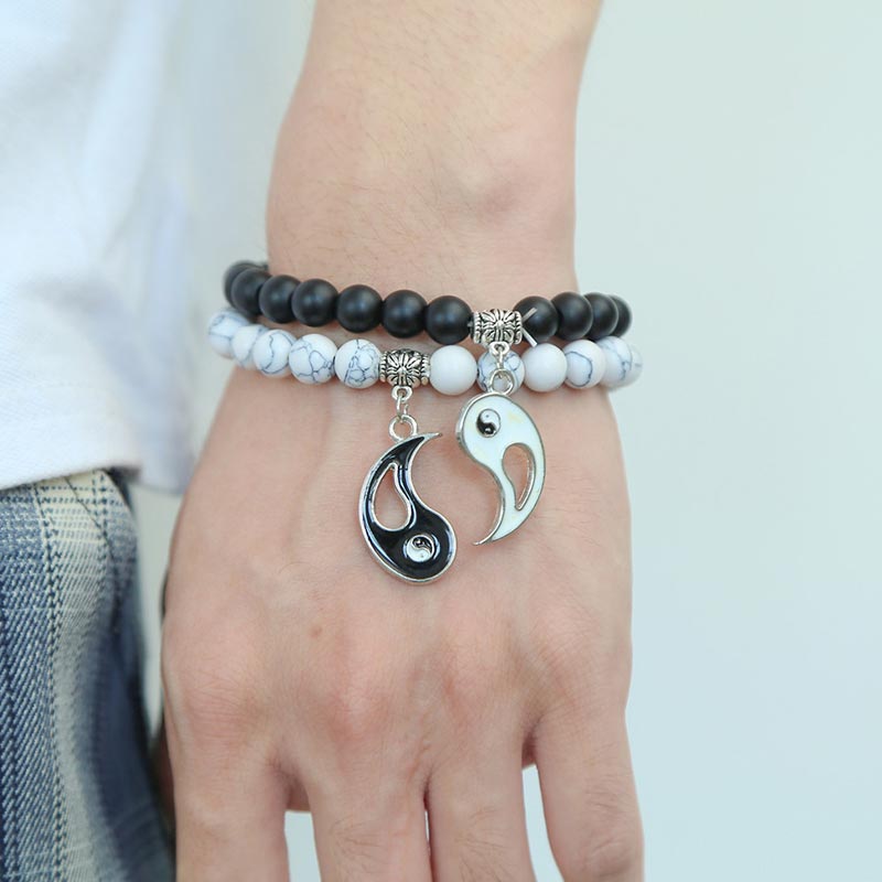 Unisex Yin Yang Bracelet Set with Black Onyx and White Turquoise Beads