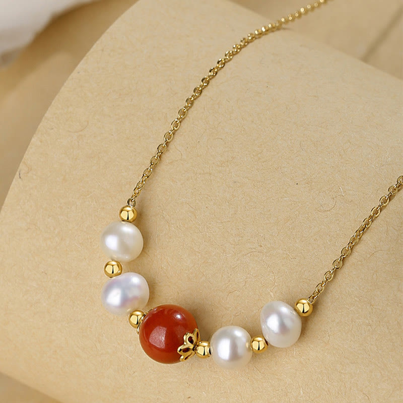 925 Sterling Silver Pearl & Cinnabar Healing Bead Necklace