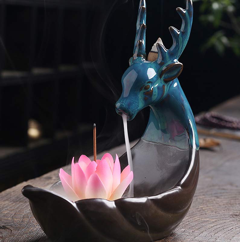 Ceramic Lotus Backflow Incense Burner with Deer 18cm