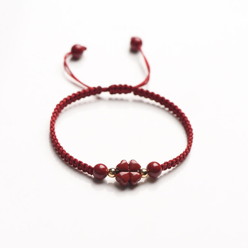 Cinnabar Bracelet with Red String | Four Leaf Clover Blessing