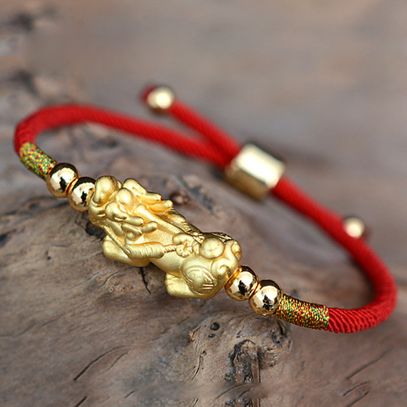 24K Gold-Plated Pixiu Luck Red String Bracelet