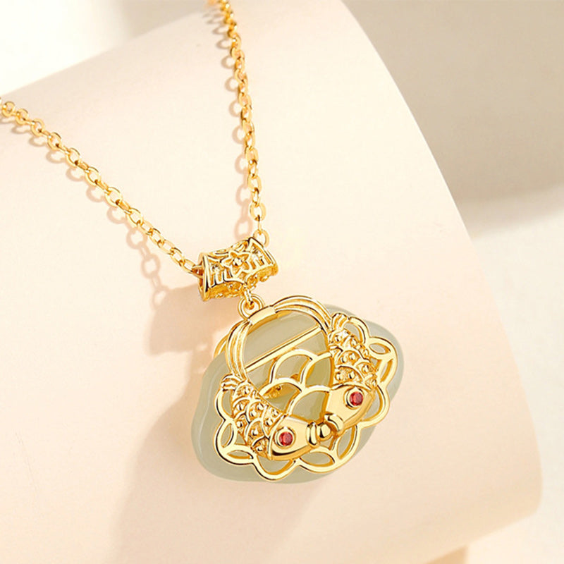 Natural Hetian Jade Koi Fish Wealth Necklace in Sterling Silver