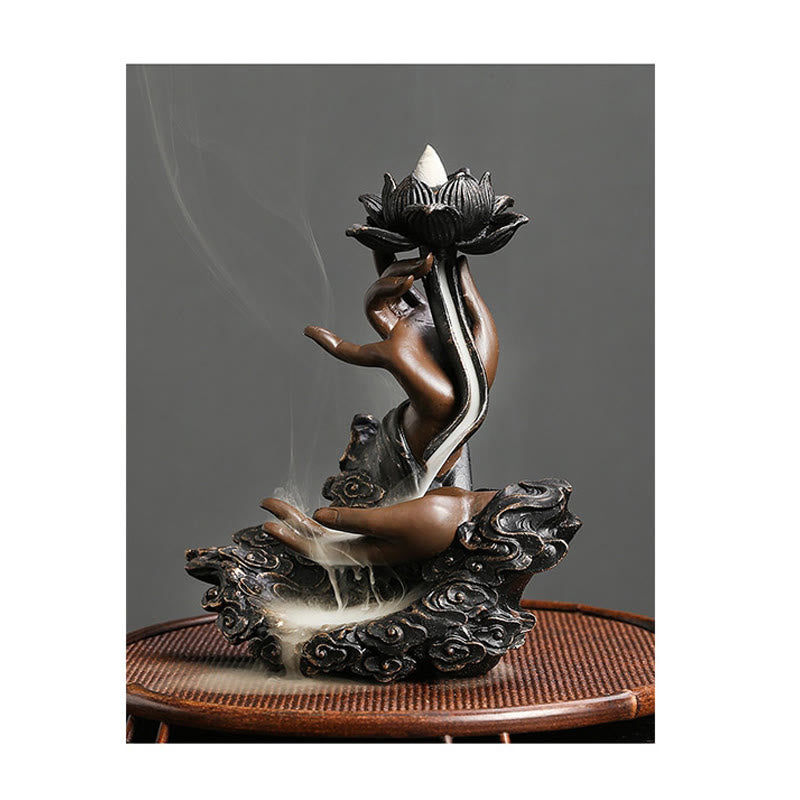Lotus Buddha Hand Resin Backflow Incense Burner 17.9cm
