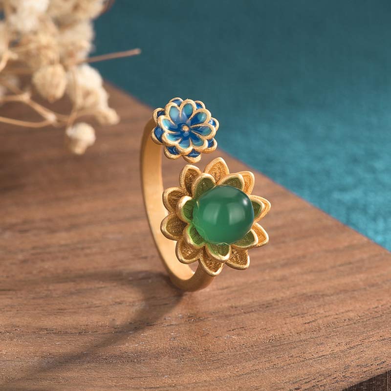Adjustable Jade Ring with Lotus Pattern for Abundance