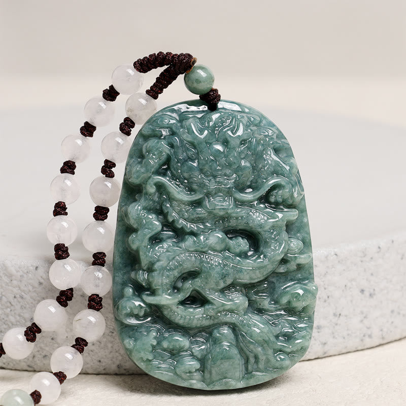 Handmade Jade Dragon Prosperity Necklace 6mm Beads