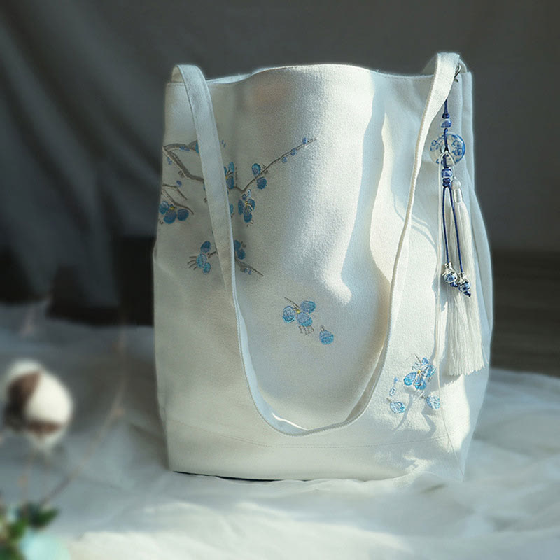 Canvas Tote Bag with Flower Crane & Plum Blossom Embroidery