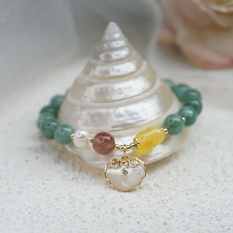 8mm Jade Sea Shell Luck Bracelet with Ruyi Lock Charm