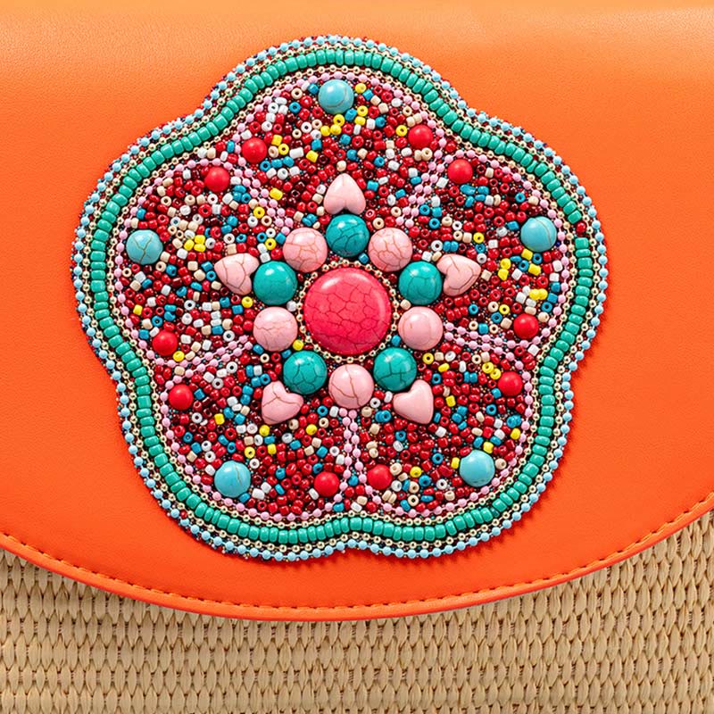 Hamsa Straw Crossbody Bag with Elephant & Flower Designs