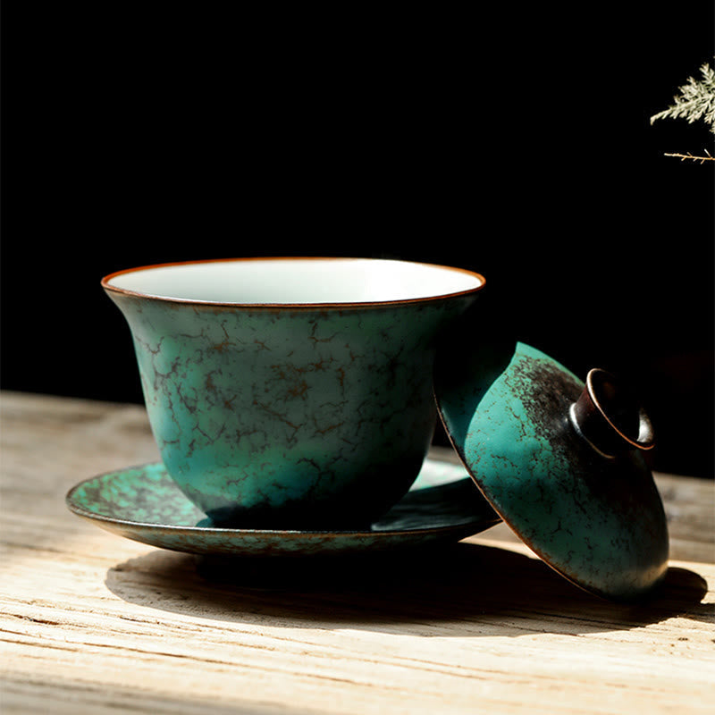 Retro Green Glaze Ceramic Gaiwan Tea Cup 180ml Set