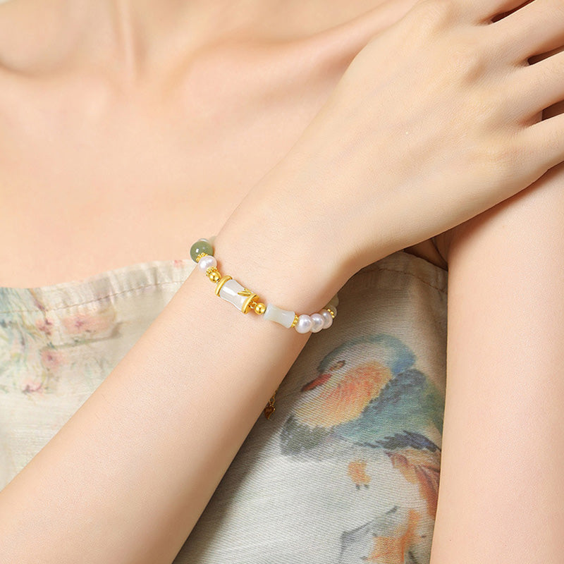 Hetian White Jade Bracelet | Sterling Silver Bamboo Luck Blessing