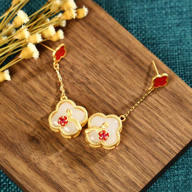 24K Gold Plated White Jade Luck Pendant Necklace & Earrings
