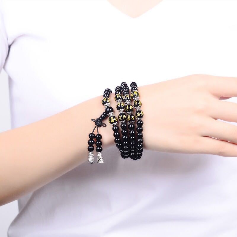 6mm Black Obsidian Protection Bracelet with Six True Words Charm