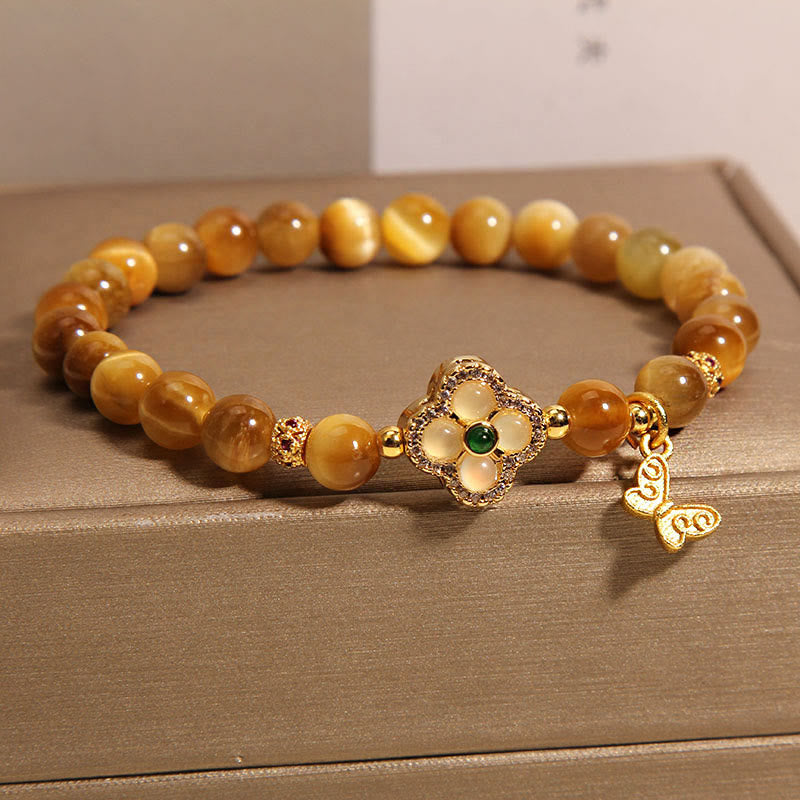 Tiger Eye Protection Bracelet with Four Leaf Clover & Butterfly