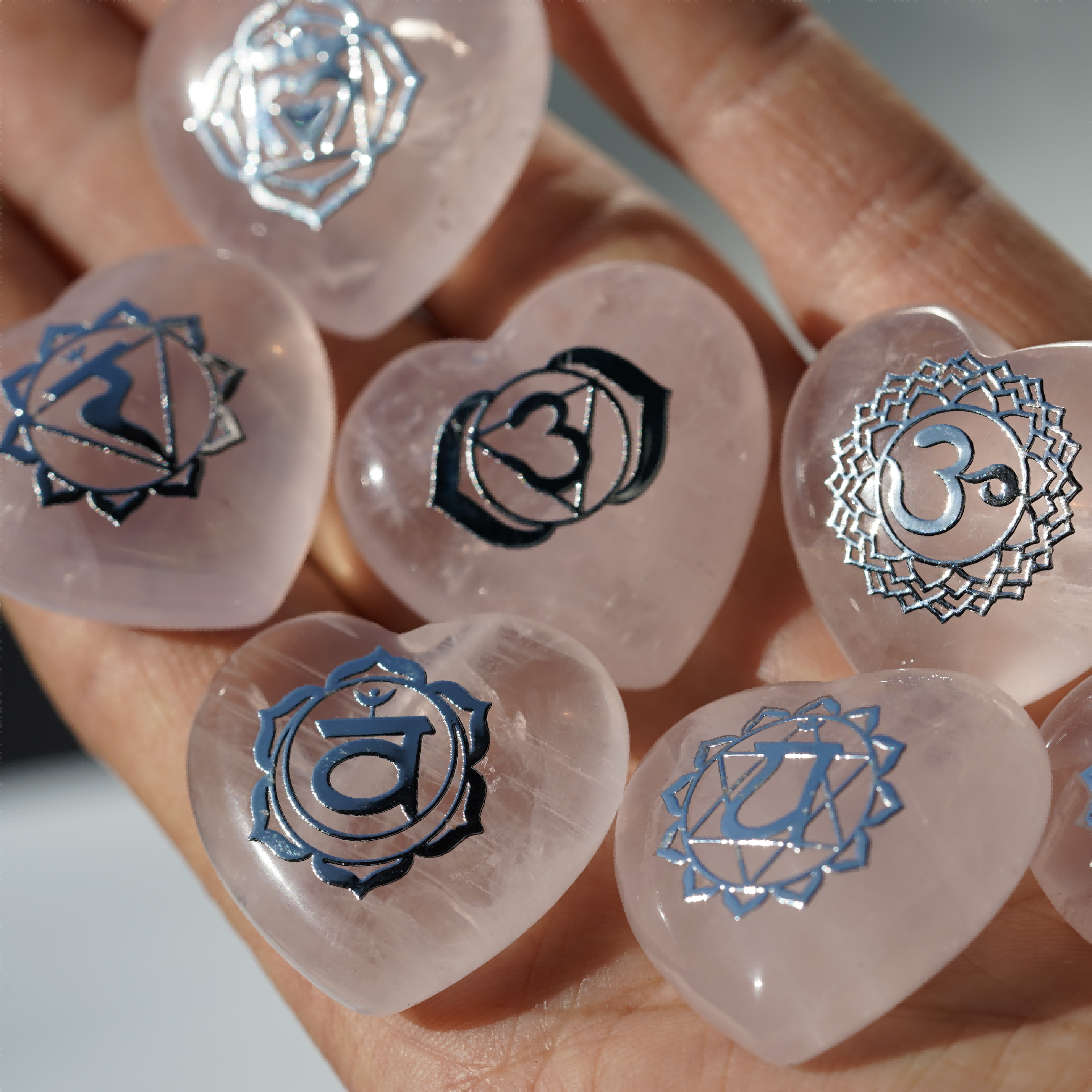 7pcs Mixed Crystal Heart Chakra Runes Set 30mm Healing Hearts