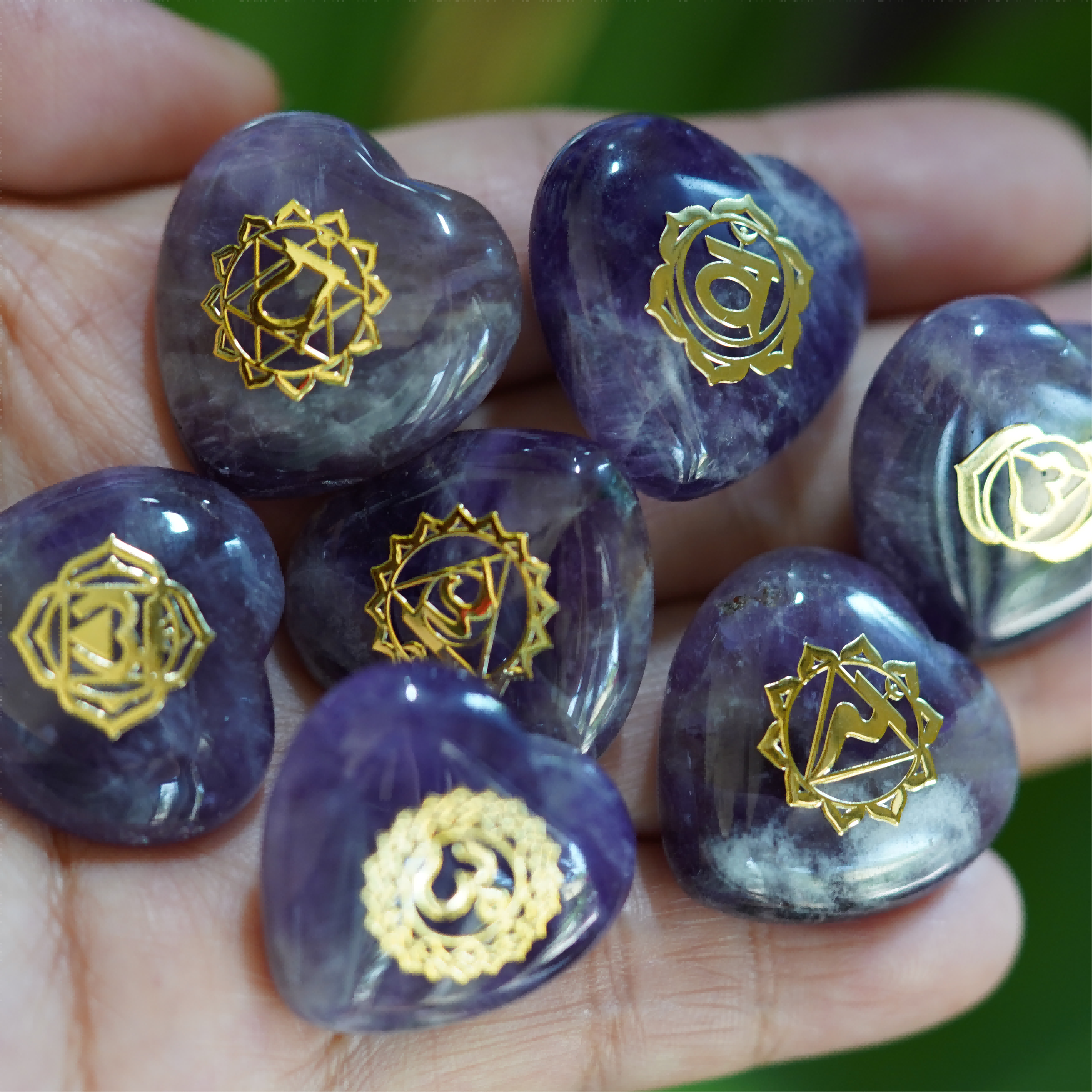 7pcs Mixed Crystal Heart Chakra Runes Set 30mm Healing Hearts