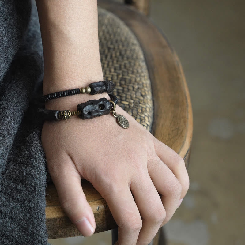 8.5mm Ebony Wood Red Agate Peace Double Wrap Bracelet