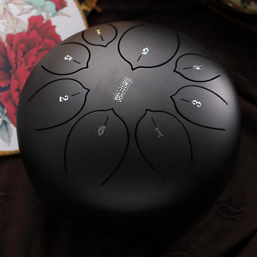 Black Steel Tongue Drum with numbered tone zones in F Key, 8 tones, 12 colors