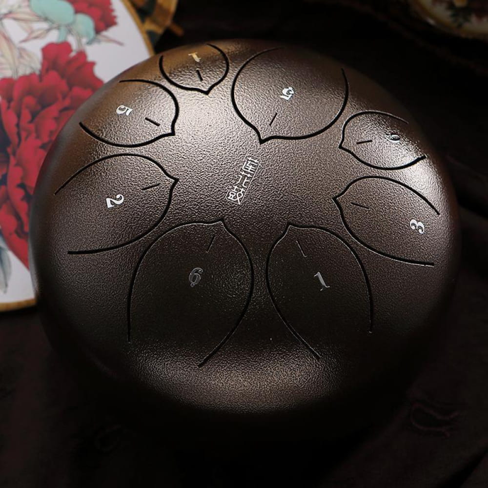 Steel tongue drum with numbered tone zones in F Key, 8 tones, 12 color options