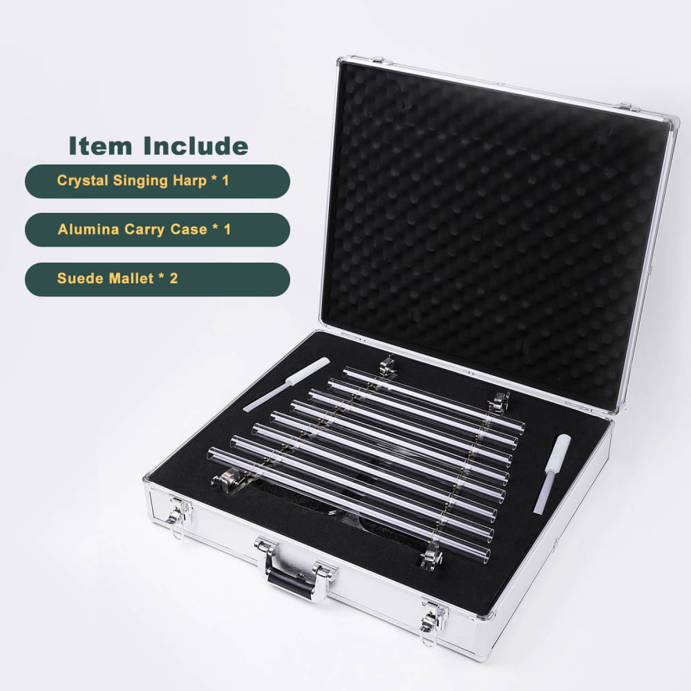 8-Note Quartz Crystal Singing Harp in aluminum case with two suede mallets