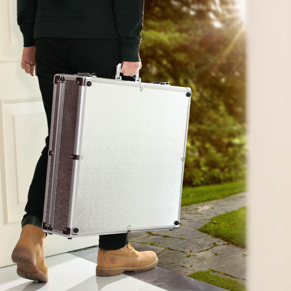 Silver aluminum briefcase with metal corners and latches for 8-Note Quartz Crystal Singing Harp