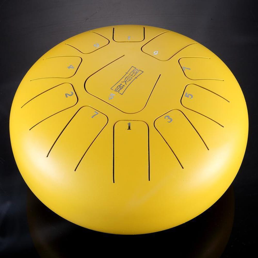 Yellow Steel Tongue Drum with numbered sections, 8 inch, 11 notes in F key