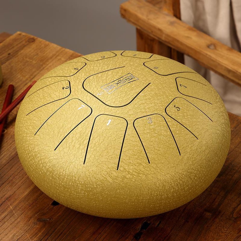 Golden Steel Tongue Drum with Curved Tone Sections in F Key, 8 Inch Square Design