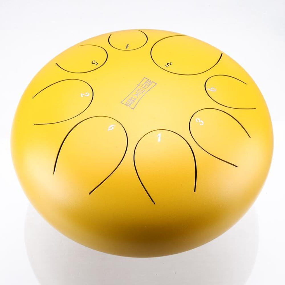 Yellow 8-Tone D Key Steel Tongue Drum with circular tone markings, 10 inch instrument