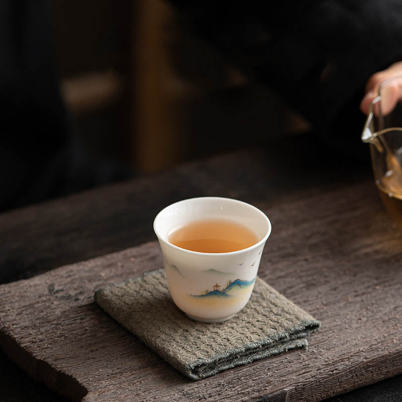 Zen Ceramic Teacup with Lotus Flower and Mountain Design 100ml