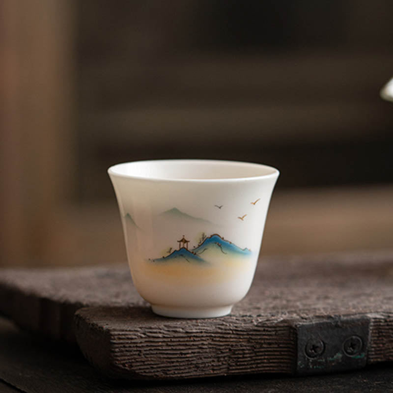Zen Ceramic Teacup with Lotus Flower and Mountain Design 100ml