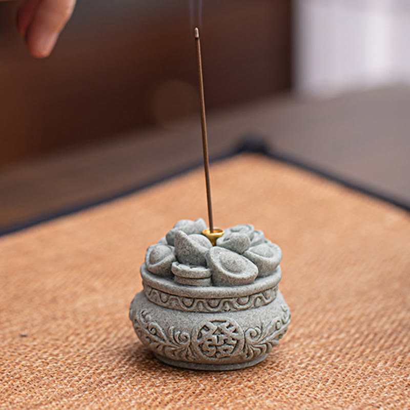 Green Sandstone Fu Incense Burner | Prosperity Desk Decor