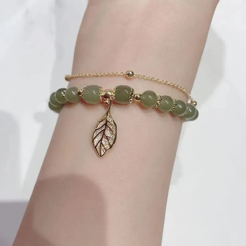 Jade Luck Beaded Bracelet with Leaf, Tulip & Fu Symbol