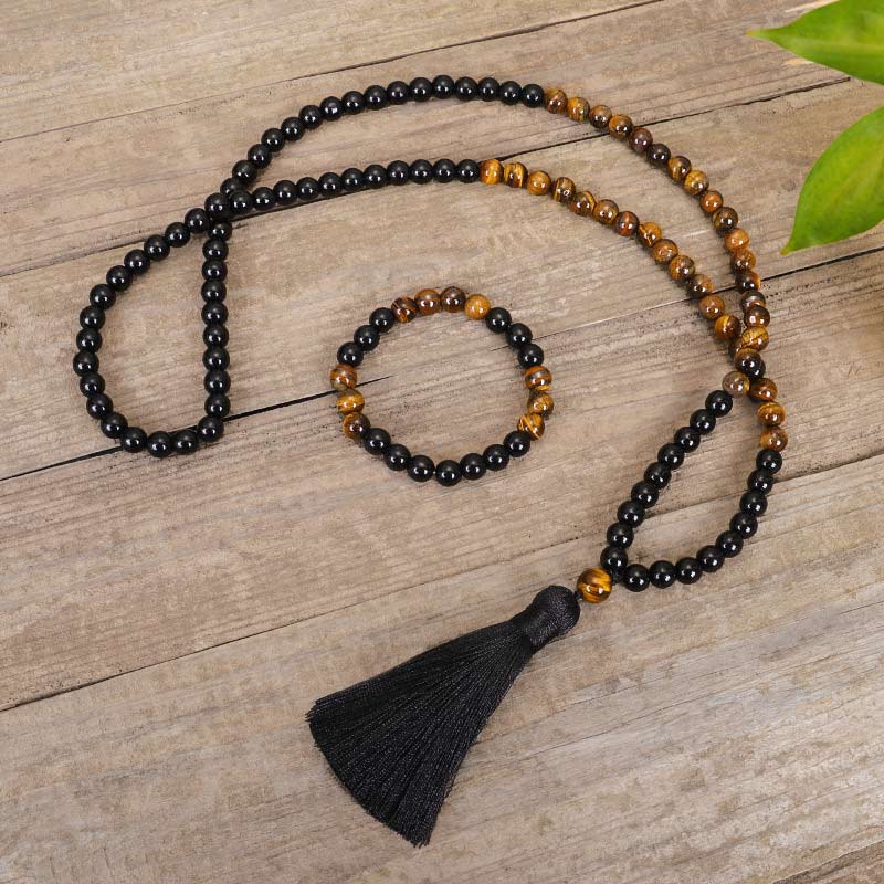 Black Onyx & Tiger Eye Protection Gemstone Mala Set