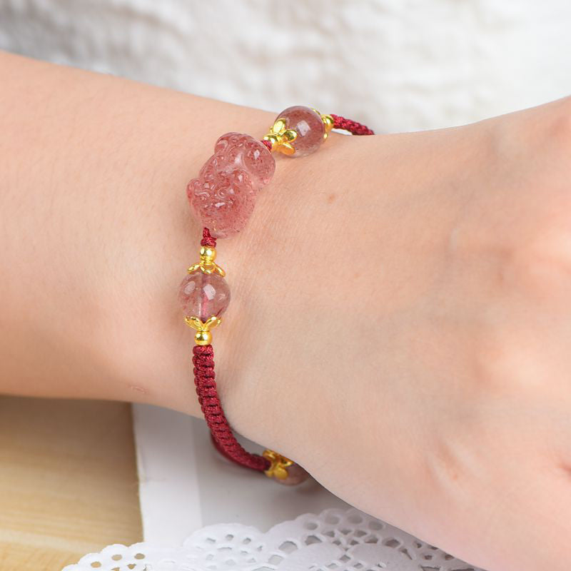 Adjustable Strawberry Quartz Red String Bracelet with Pixiu Charm