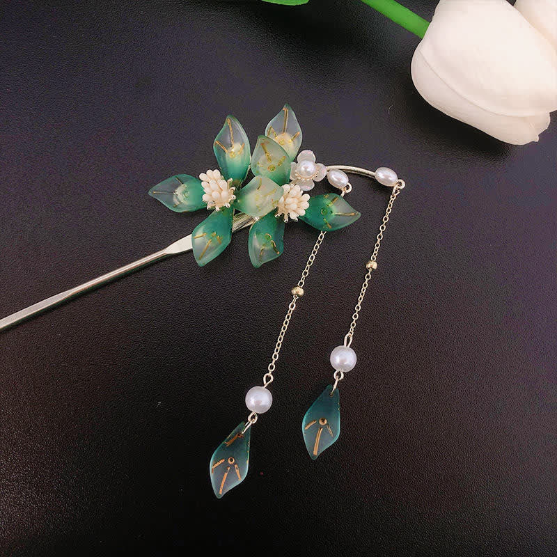 Pearl Flower Leaf Tassel Hairpin for Calm & Wealth