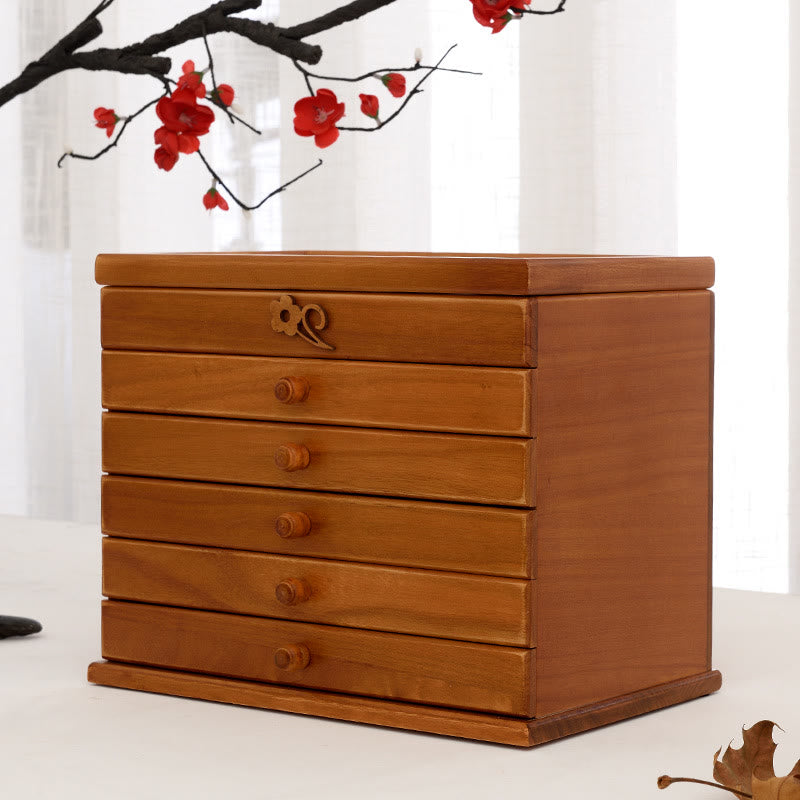 Six-Layer Wooden Jewelry Box with Vintage Plum Blossom Carvings