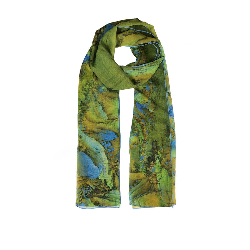 100% Mulberry Silk Tibetan Scarf Panorama of Rivers and Mountains
