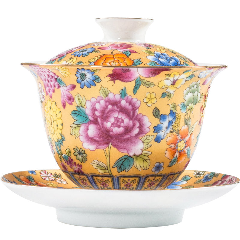 Peony Ceramic Gaiwan Sancai Teacup 9.5cm Meditation