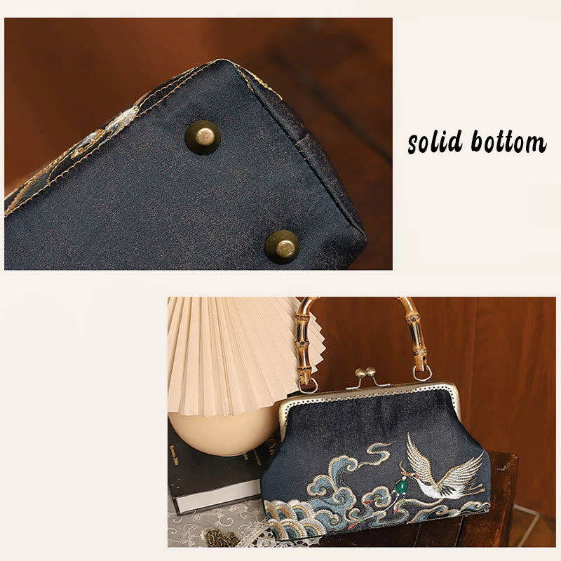 Auspicious Clouds Cranes Embroidery Bamboo Handle Handbag