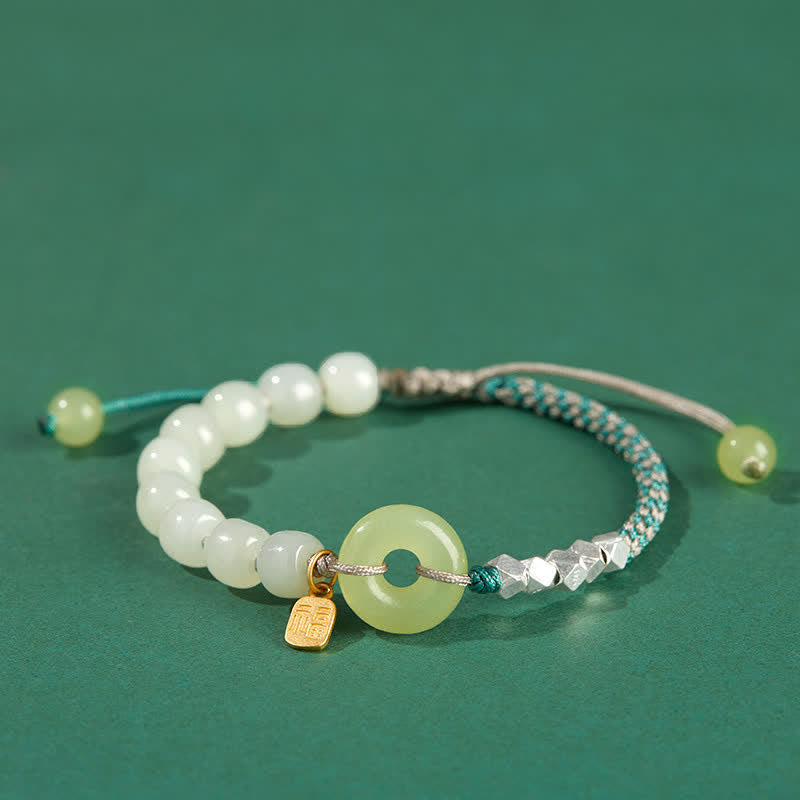 Hetian Jade Peace Buckle Luck Bracelet|Sterling Silver Charm