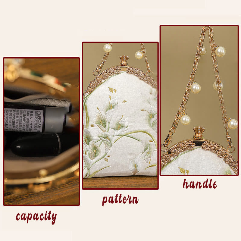 Calla Embroidery Metal Handle Crossbody Bag 15cm