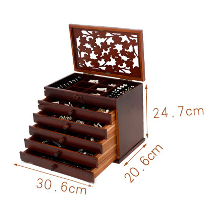 Six-Layer Wooden Jewelry Box with Vintage Plum Blossom Carvings