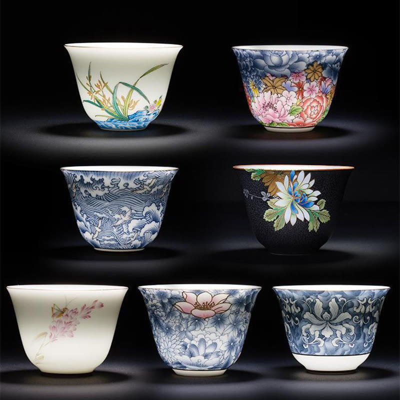 Orchid 70ml Ceramic Chinese Tea Cup with Blue Sea Waves