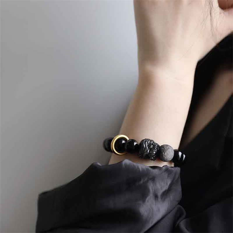 12mm Black Obsidian Lion Strength Empowerment Bracelet