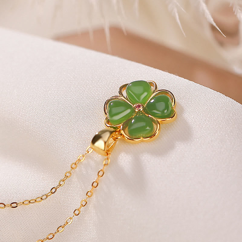 Silver Hetian Cyan Jade Lucky Four Leaf Clover Necklace