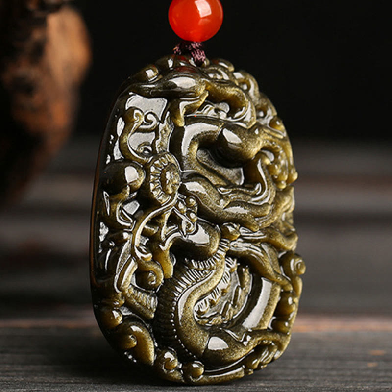 Gold Sheen Obsidian Dragon Necklace for Success & Power