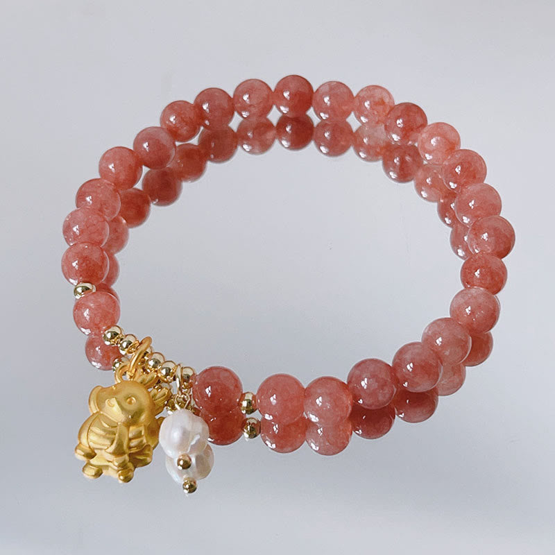 Strawberry Quartz Dragon Pearl Charm Protection Bracelet