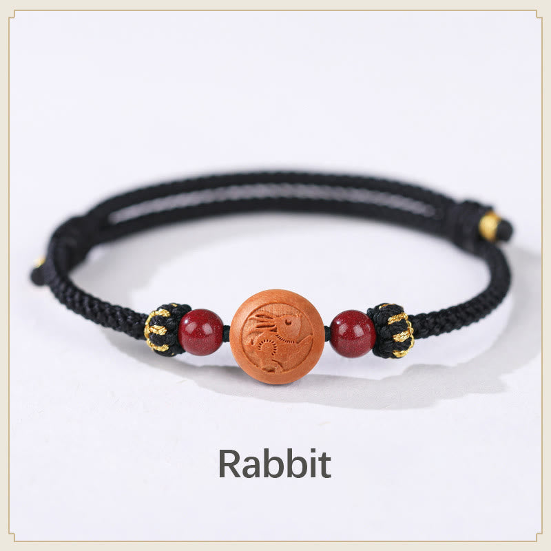 Natural Peach Wood Chinese Zodiac Fu Cinnabar Wealth Bracelet